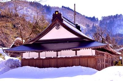 Brown wooden house in the snow
